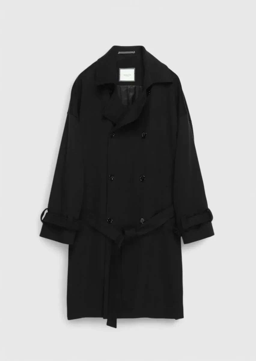 Siyah Oversize Fit Kruvaze Yaka Casual Dokuma Palto - 1