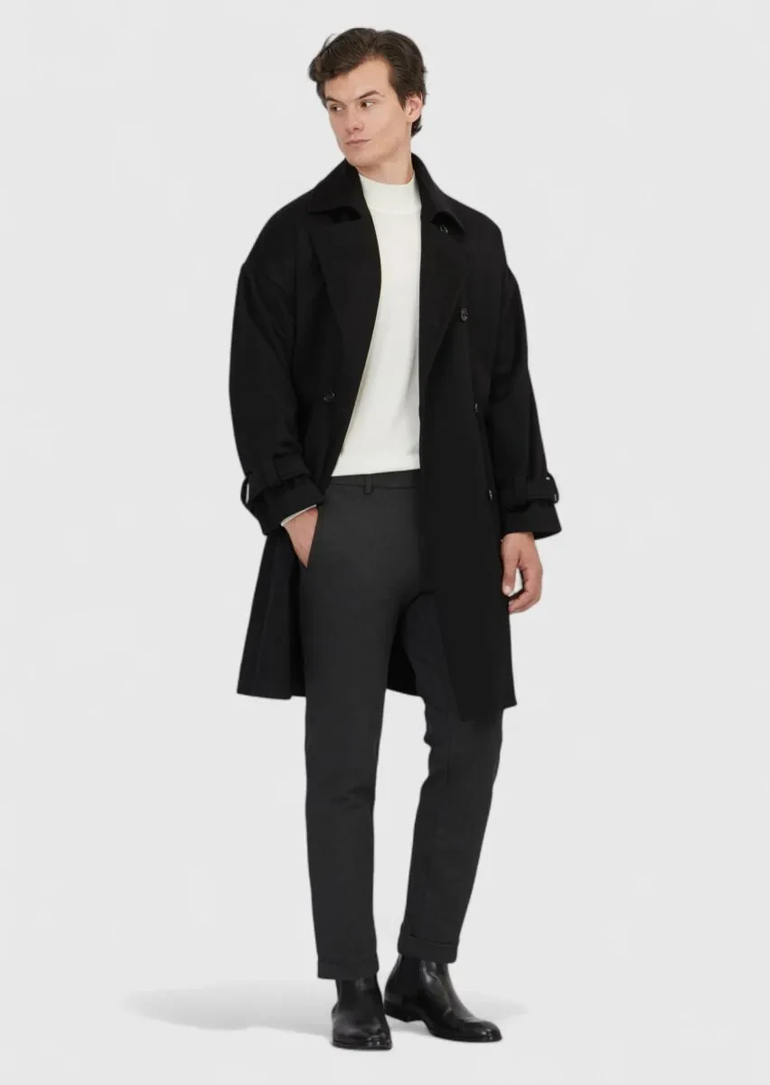 Siyah Oversize Fit Kruvaze Yaka Casual Dokuma Palto - 2
