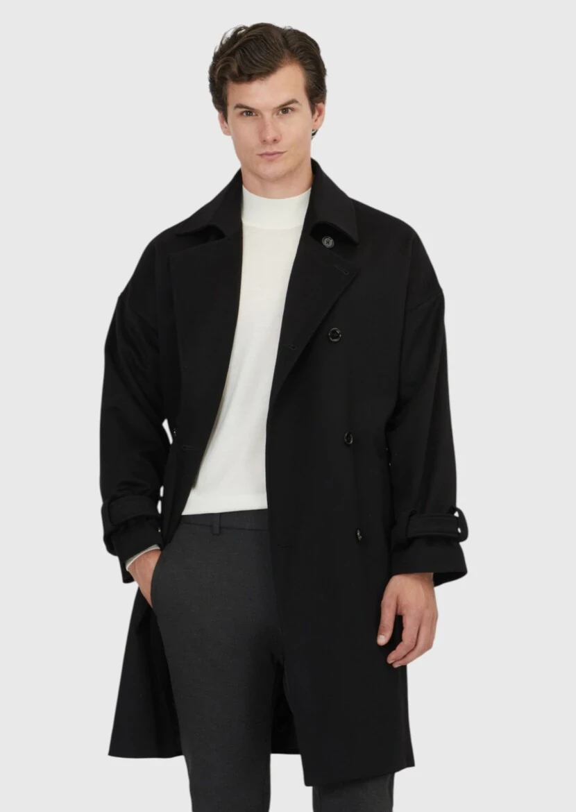 Siyah Oversize Fit Kruvaze Yaka Casual Dokuma Palto - 3