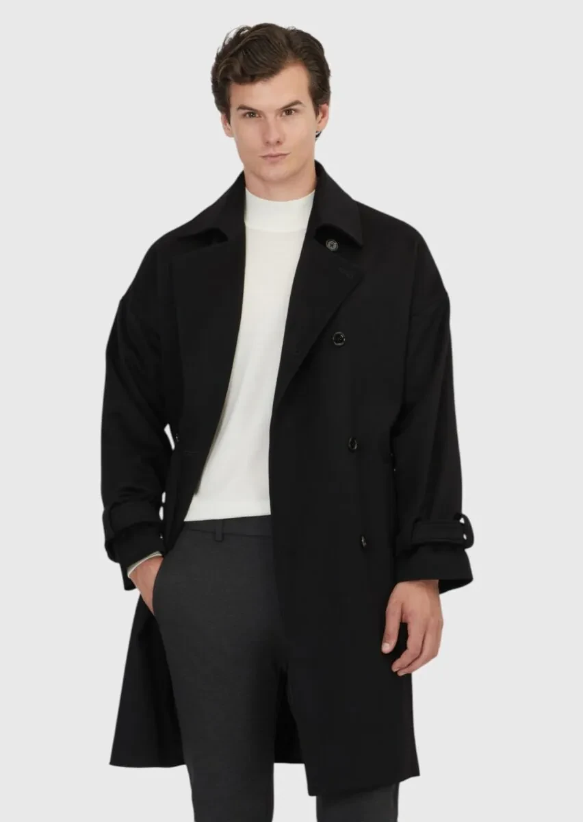 Siyah Oversize Fit Kruvaze Yaka Casual Dokuma Palto - 3