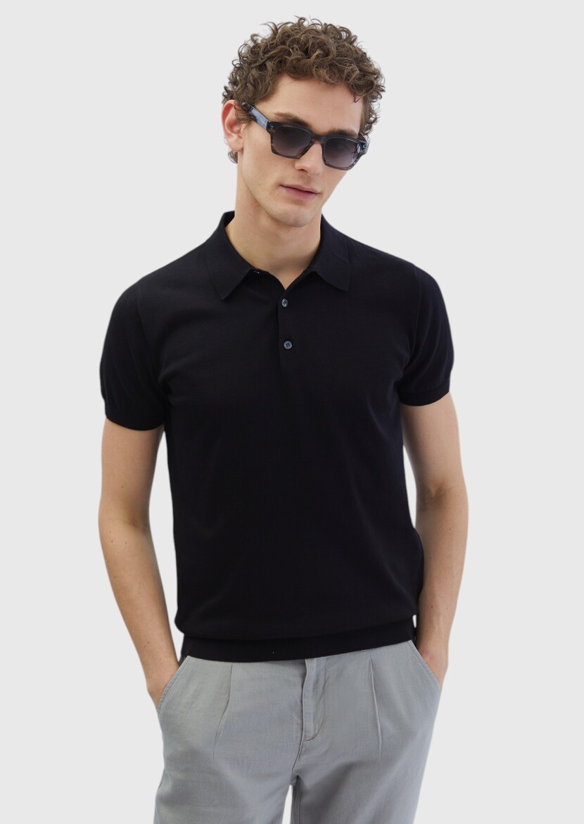 Siyah Polo Yaka %100 Pamuk Triko - 1