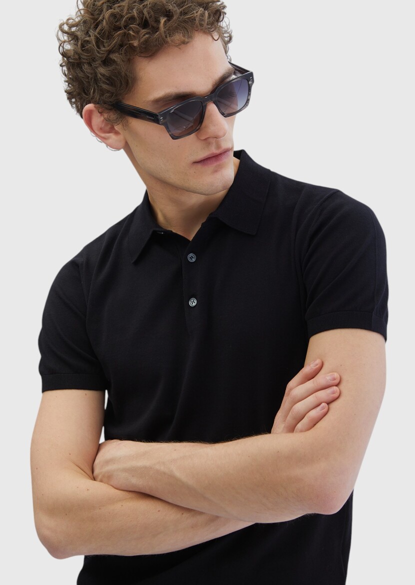 Siyah Polo Yaka %100 Pamuk Triko - 4