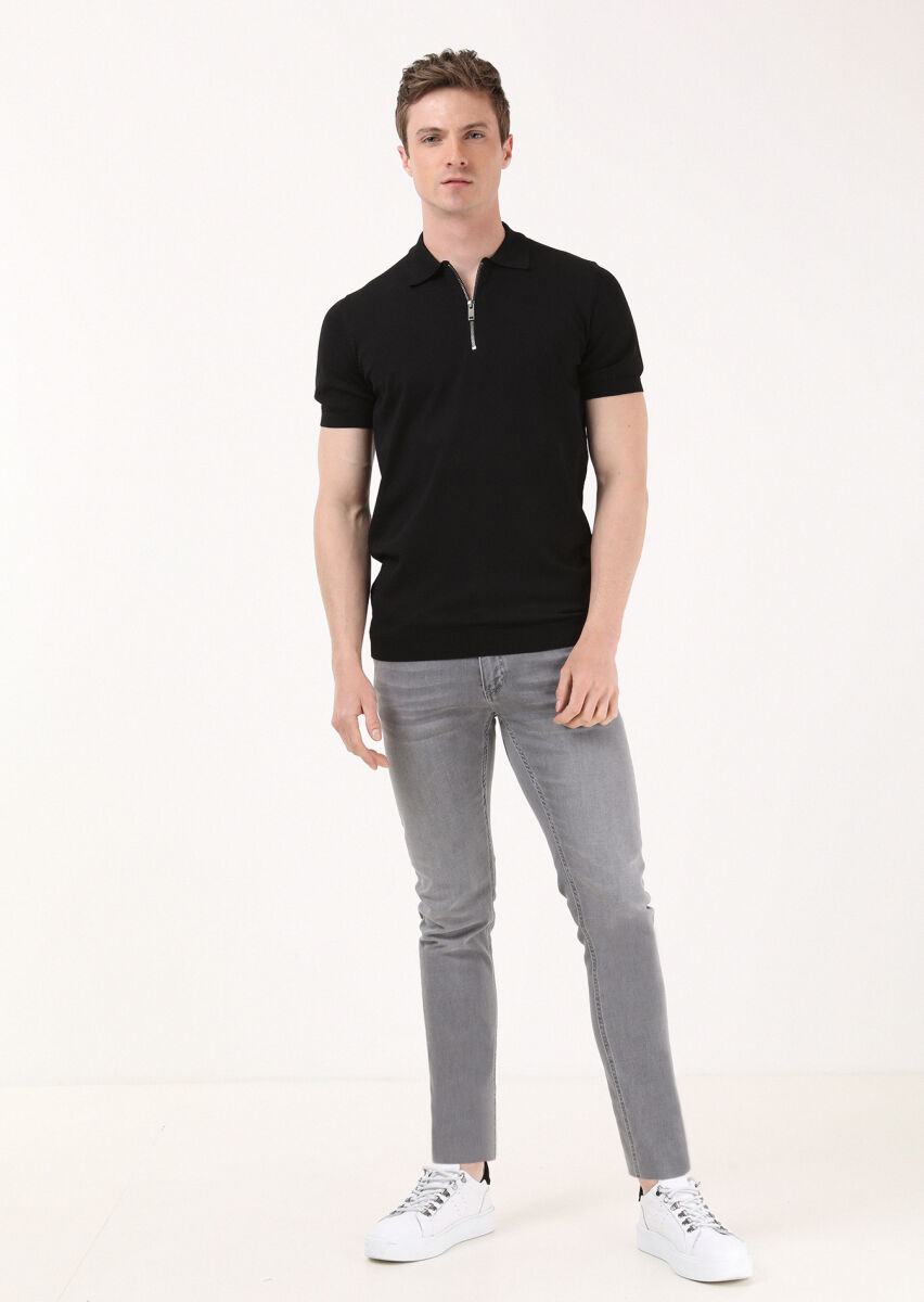Siyah Polo Yaka Düz Örgü Triko - 1