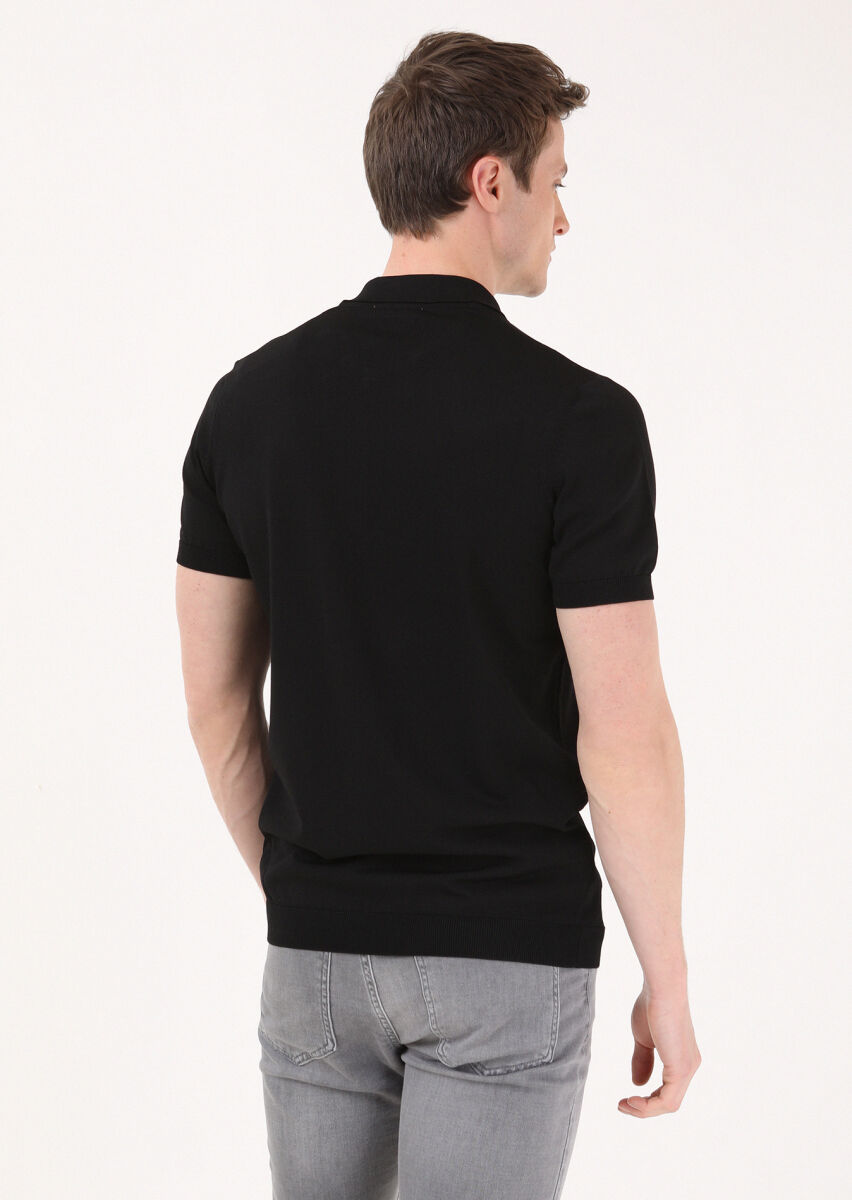 Siyah Polo Yaka Düz Örgü Triko - 5