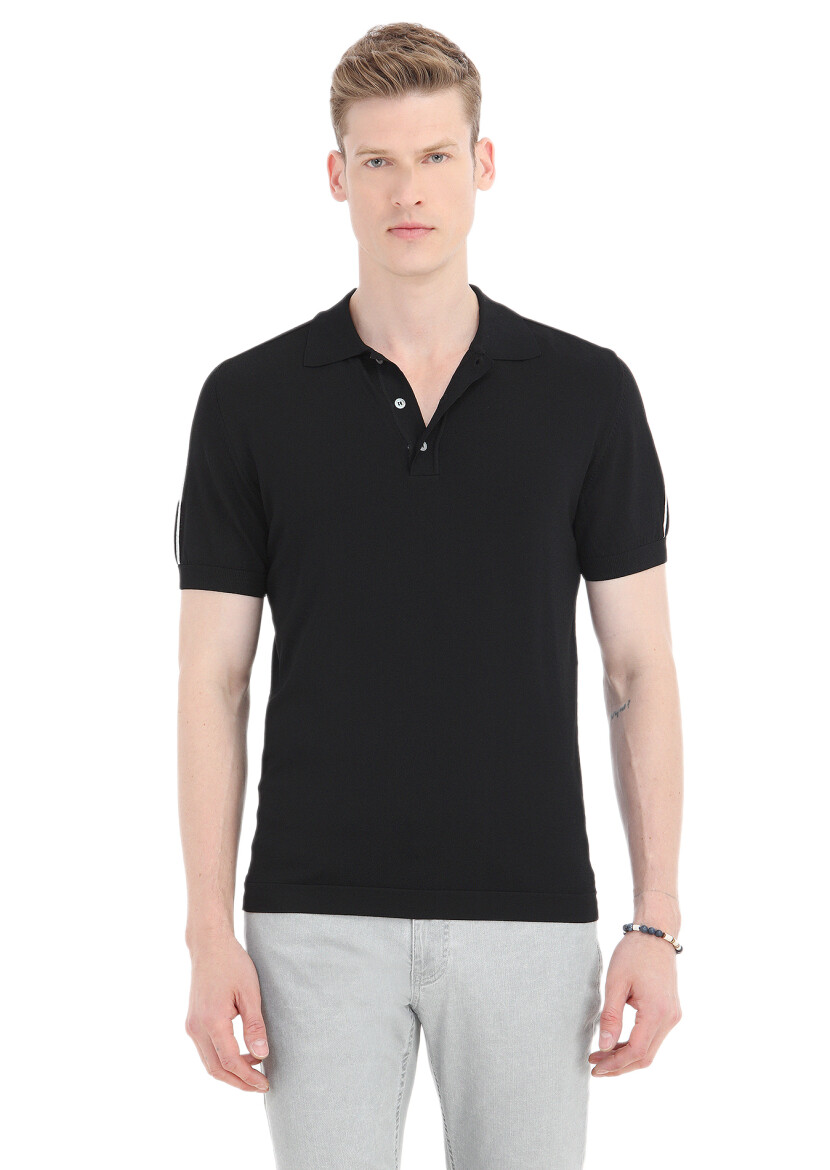 Siyah Polo Yaka Düz Örgü Triko 