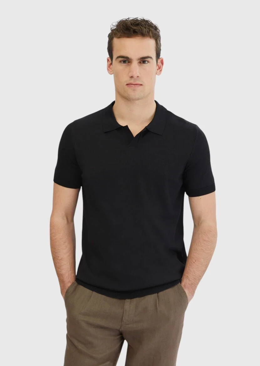 Siyah Polo Yaka Düz Örgü Triko - 1