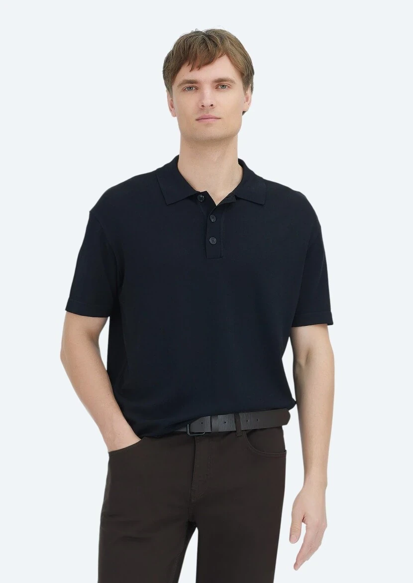 Siyah Polo Yaka Düz Örgü Triko - 1