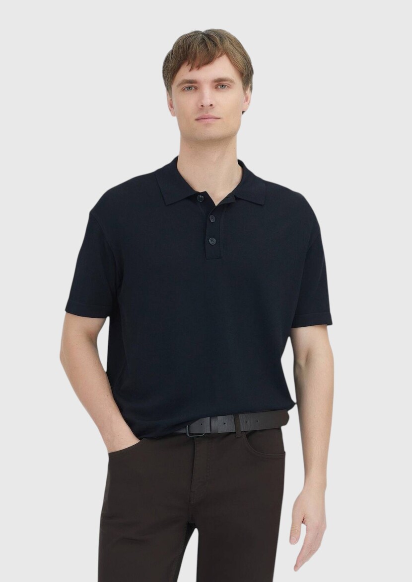 Siyah Polo Yaka Düz Örgü Triko - RAMSEY