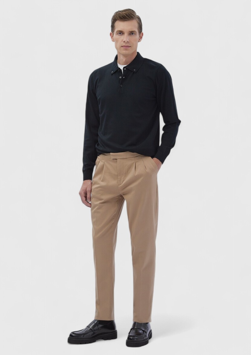 Siyah Polo Yaka Düz Örgü Triko Kazak 