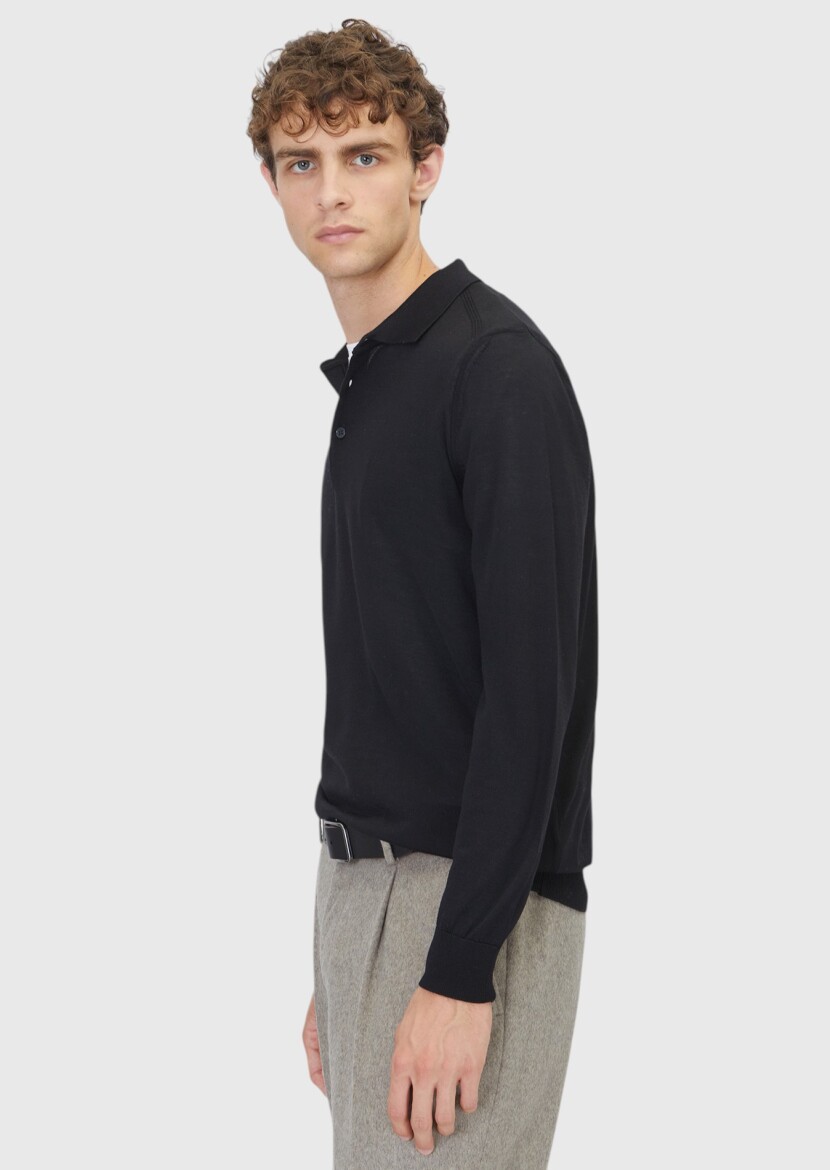 Siyah Polo Yaka Düz Örgü Yün Karışımlı Triko Kazak - 3