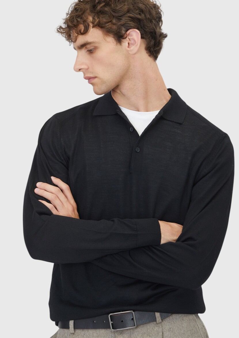 Siyah Polo Yaka Düz Örgü Yün Karışımlı Triko Kazak - 4