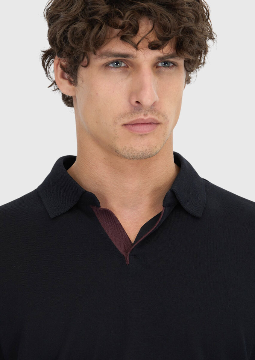 Siyah Polo Yaka Düz Sweatshırt - 4