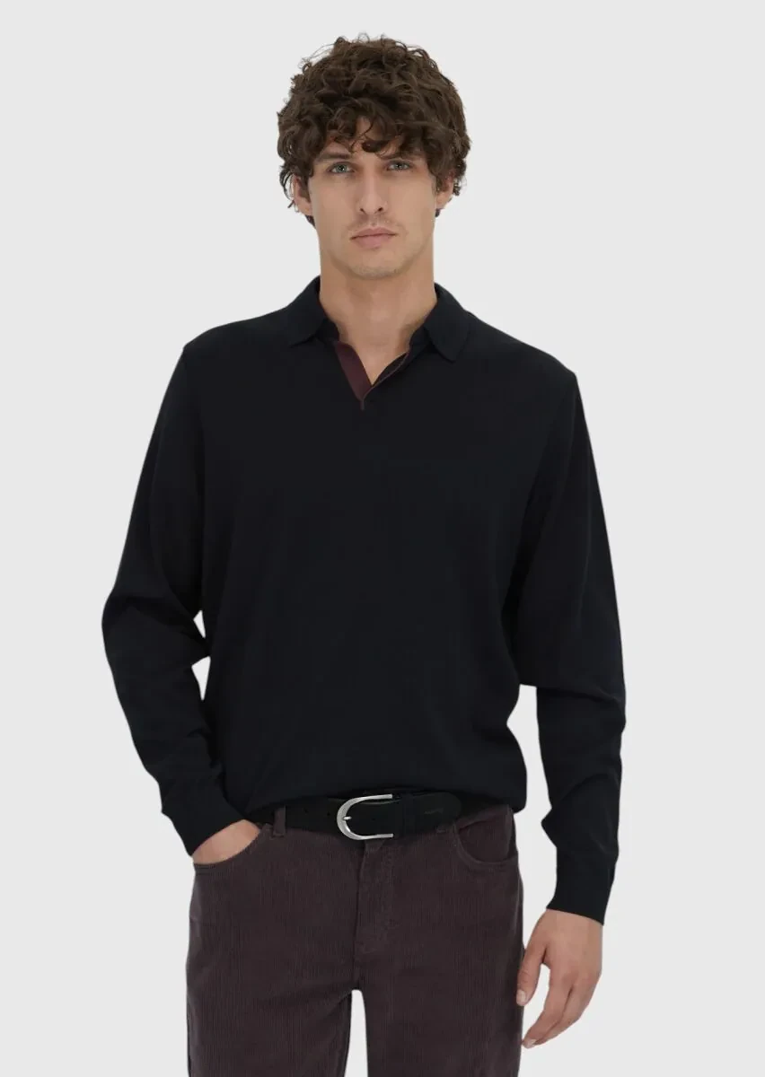 Siyah Polo Yaka Düz Sweatshırt - 1