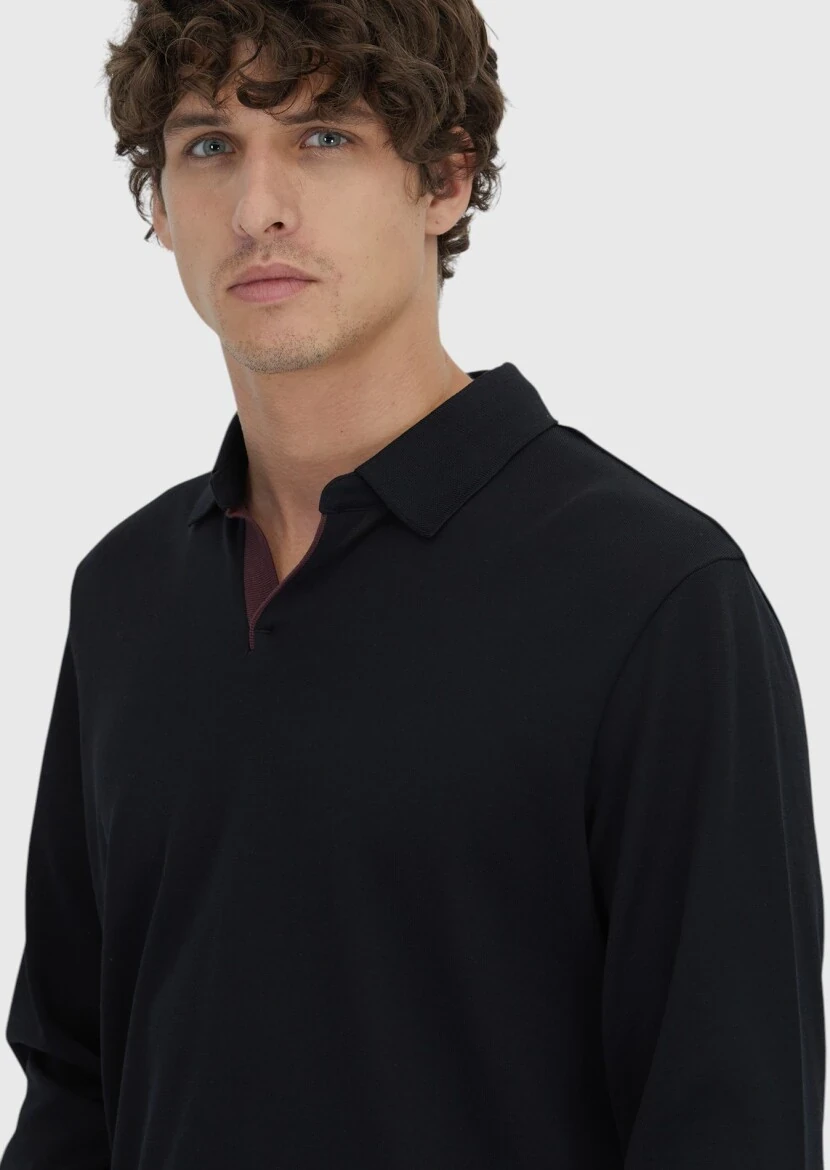 Siyah Polo Yaka Düz Sweatshırt - 3