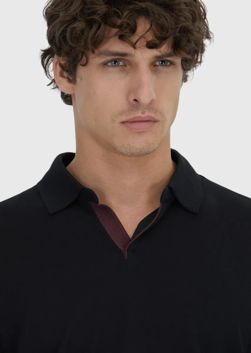 Siyah Polo Yaka Düz Sweatshırt - 4