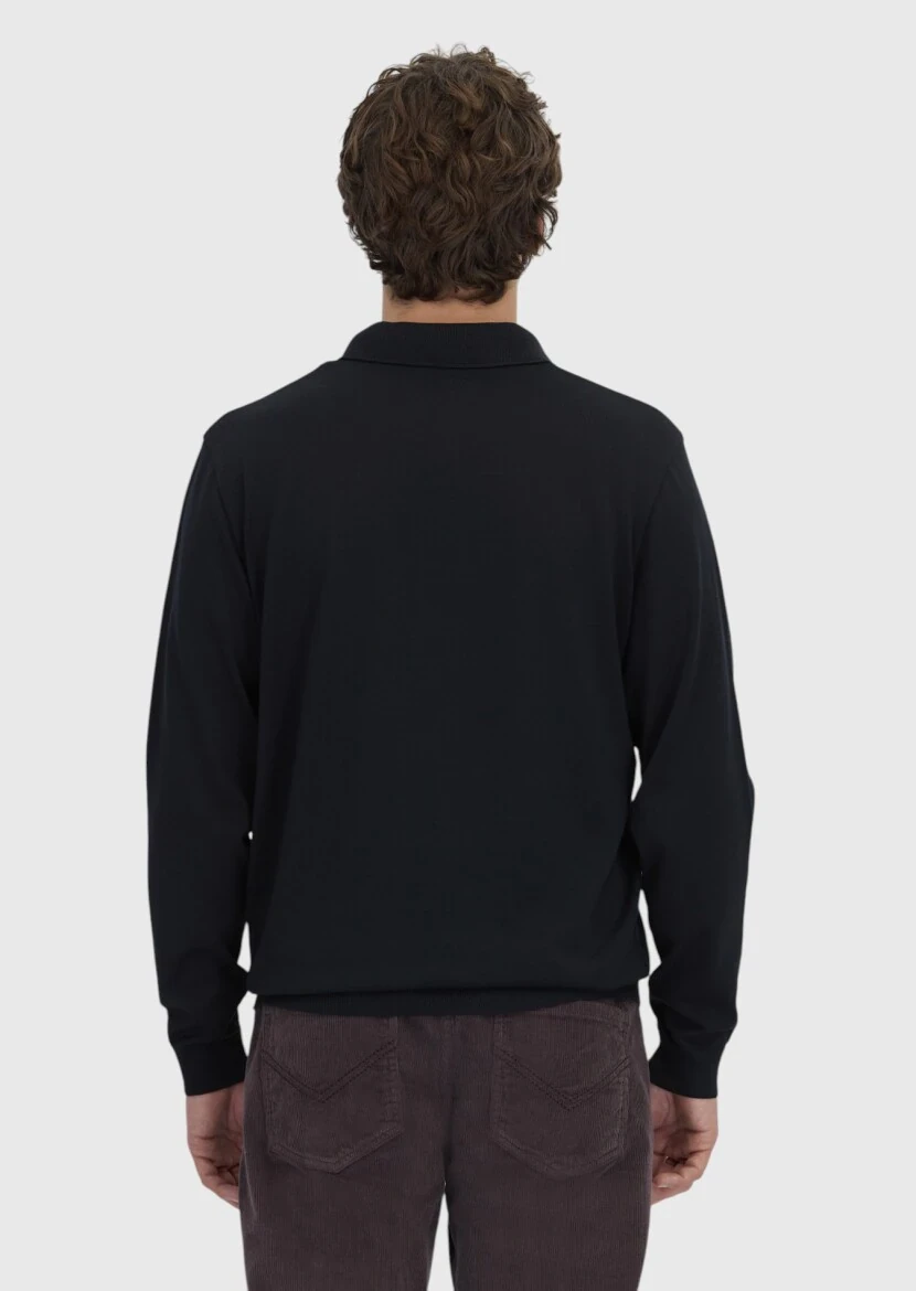 Siyah Polo Yaka Düz Sweatshırt - 5