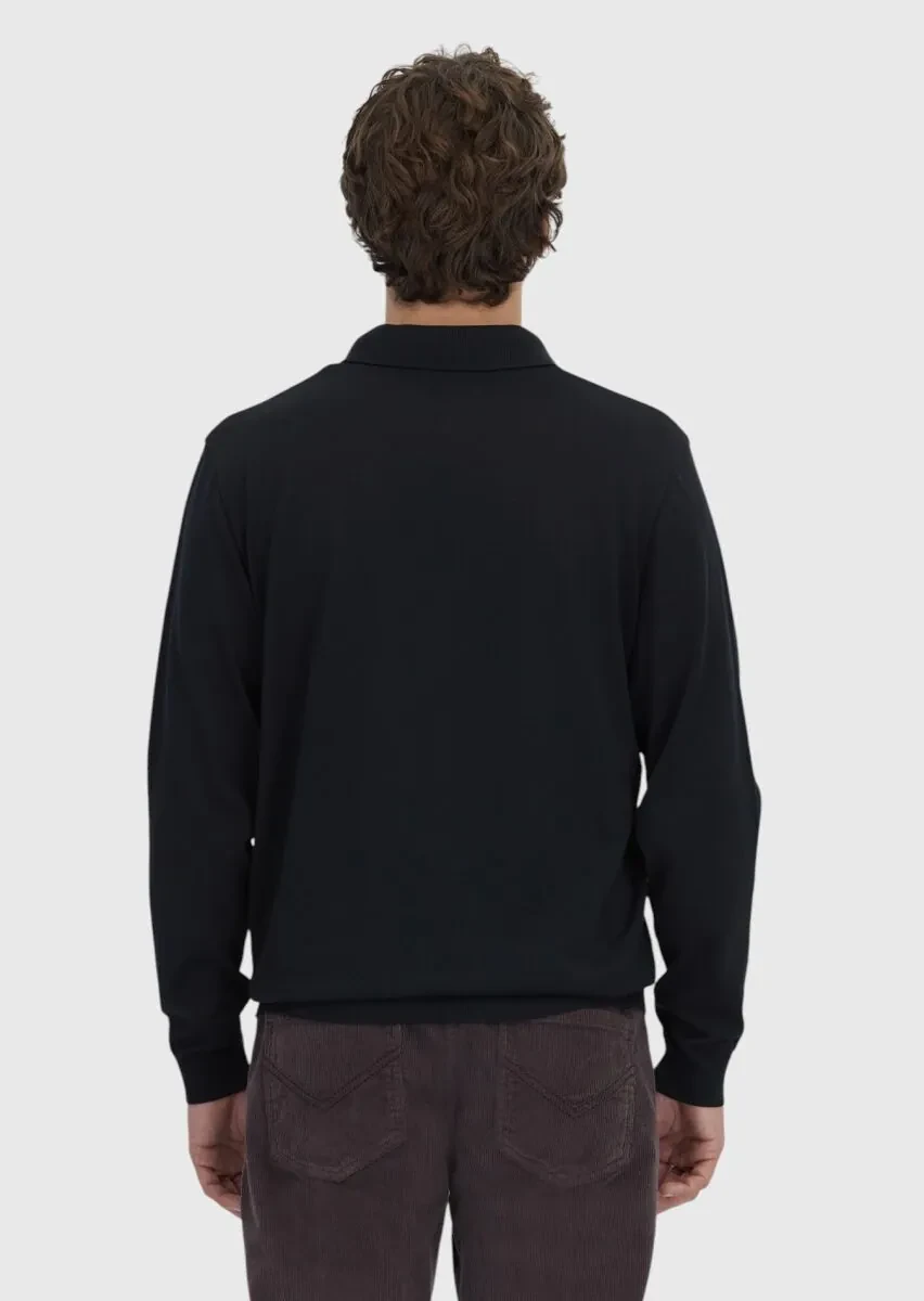 Siyah Polo Yaka Düz Sweatshırt - 5
