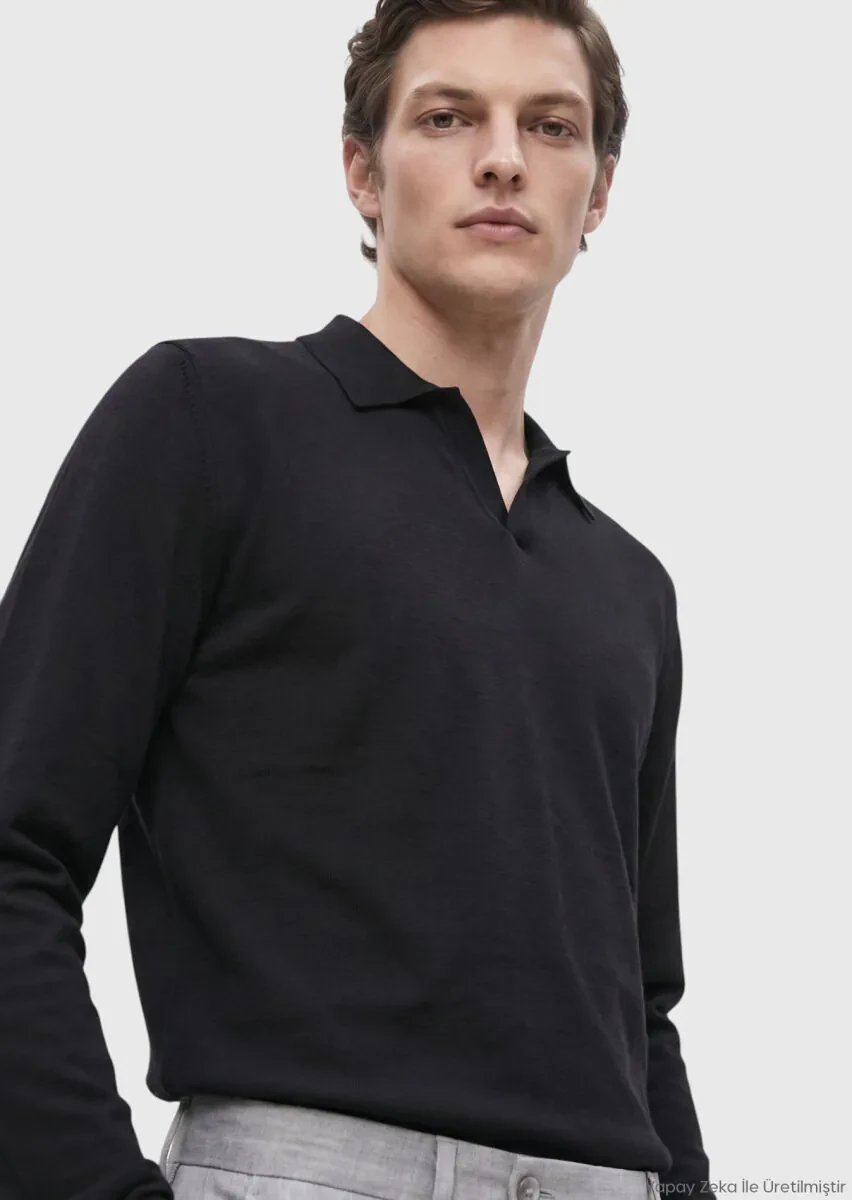 RAMSEY Siyah Polo Yaka Düz Sweatshırt