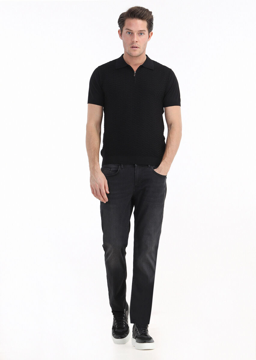 Siyah Polo Yaka Jakarlı %100 Pamuk Triko - 1
