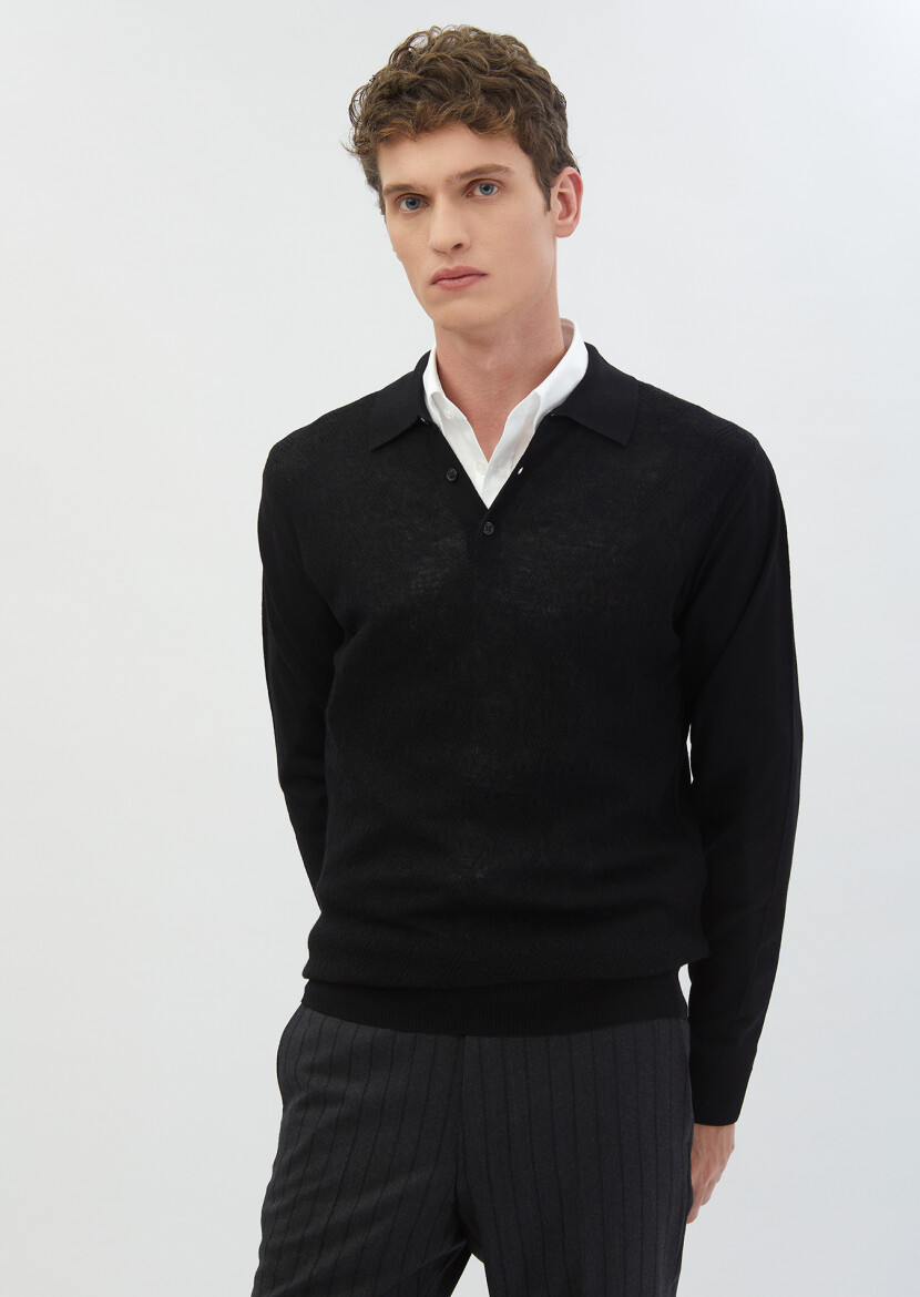 Siyah Polo Yaka Jakarlı %100 Yün Triko Kazak - RAMSEY