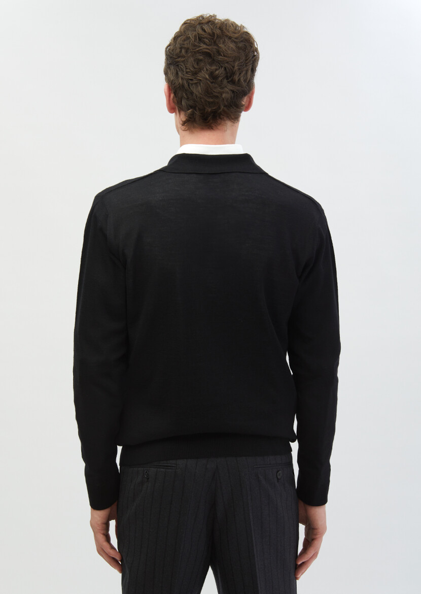 Siyah Polo Yaka Jakarlı %100 Yün Triko Kazak - 5