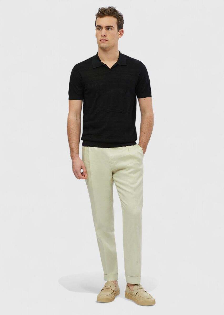 Siyah Polo Yaka Jakarlı Keten Karışımlı Triko - 1