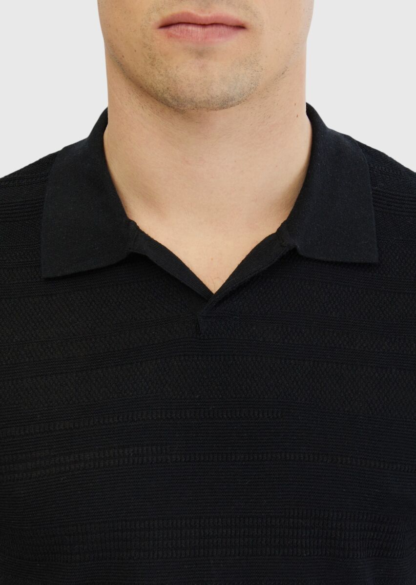 Siyah Polo Yaka Jakarlı Keten Karışımlı Triko - 3