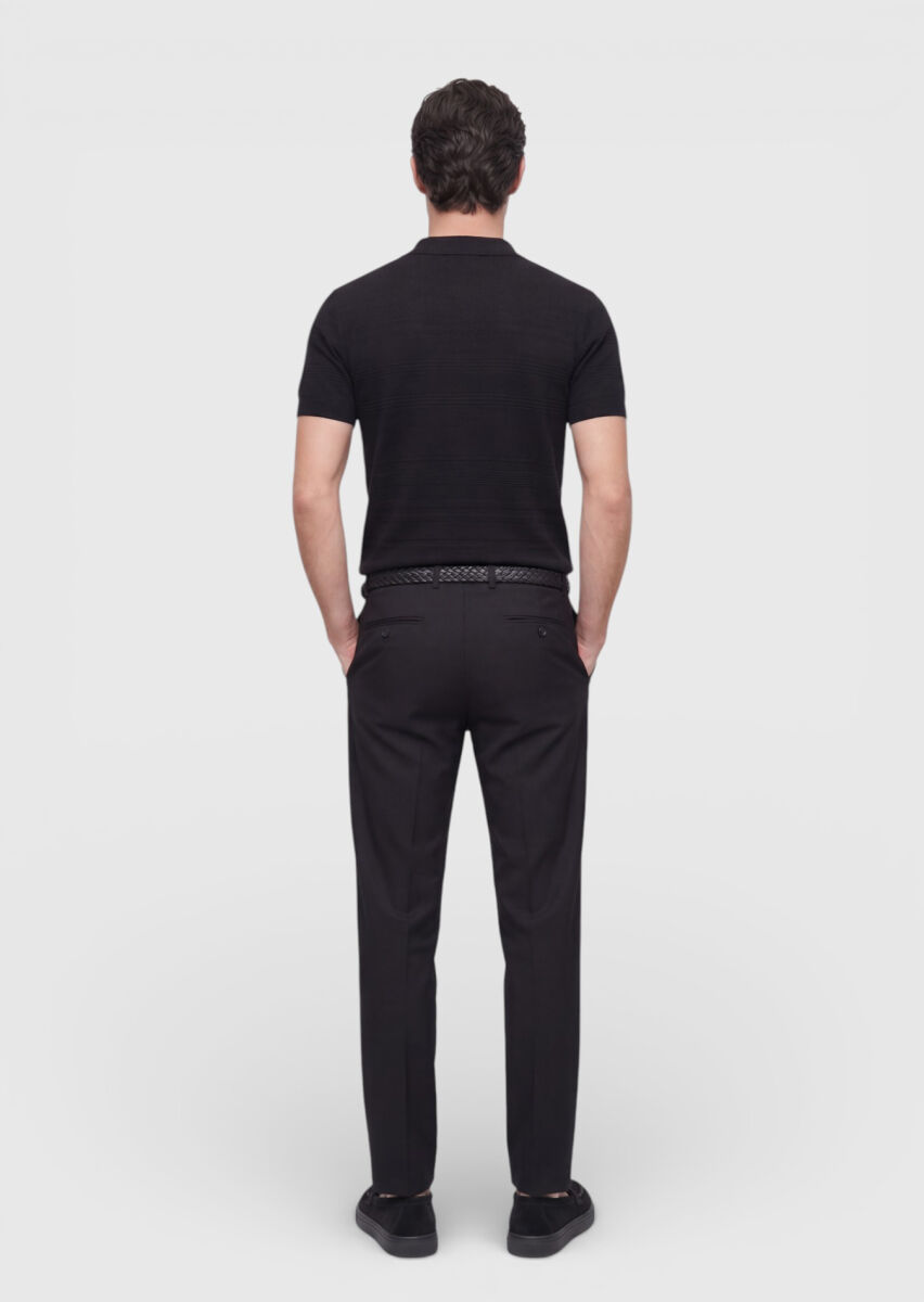 Siyah Polo Yaka Jakarlı Keten Karışımlı Triko - 5