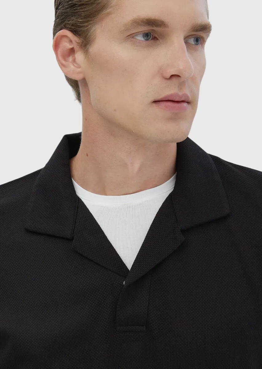 Siyah Polo Yaka Jakarlı Sweatshırt - 4