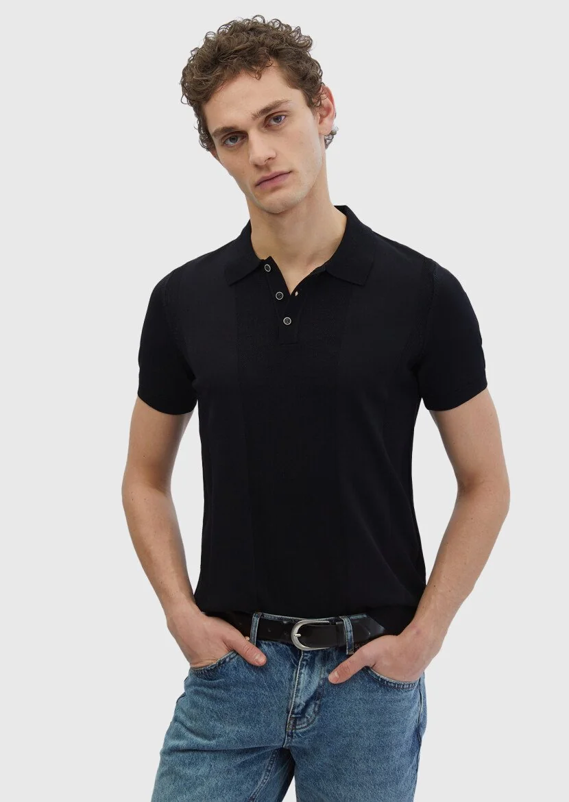 Siyah Polo Yaka Jakarlı Triko - RAMSEY