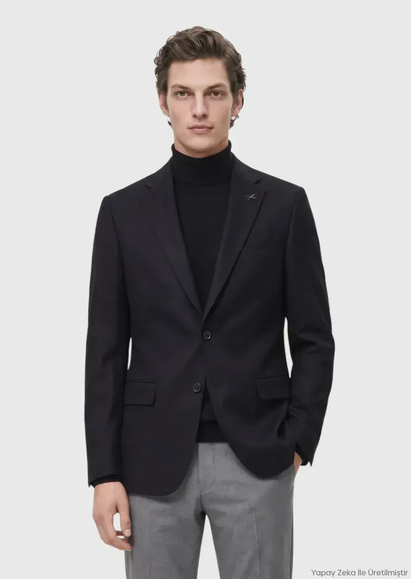 Siyah Düz Regular Fit %100 Kaşmir Ceket - RAMSEY