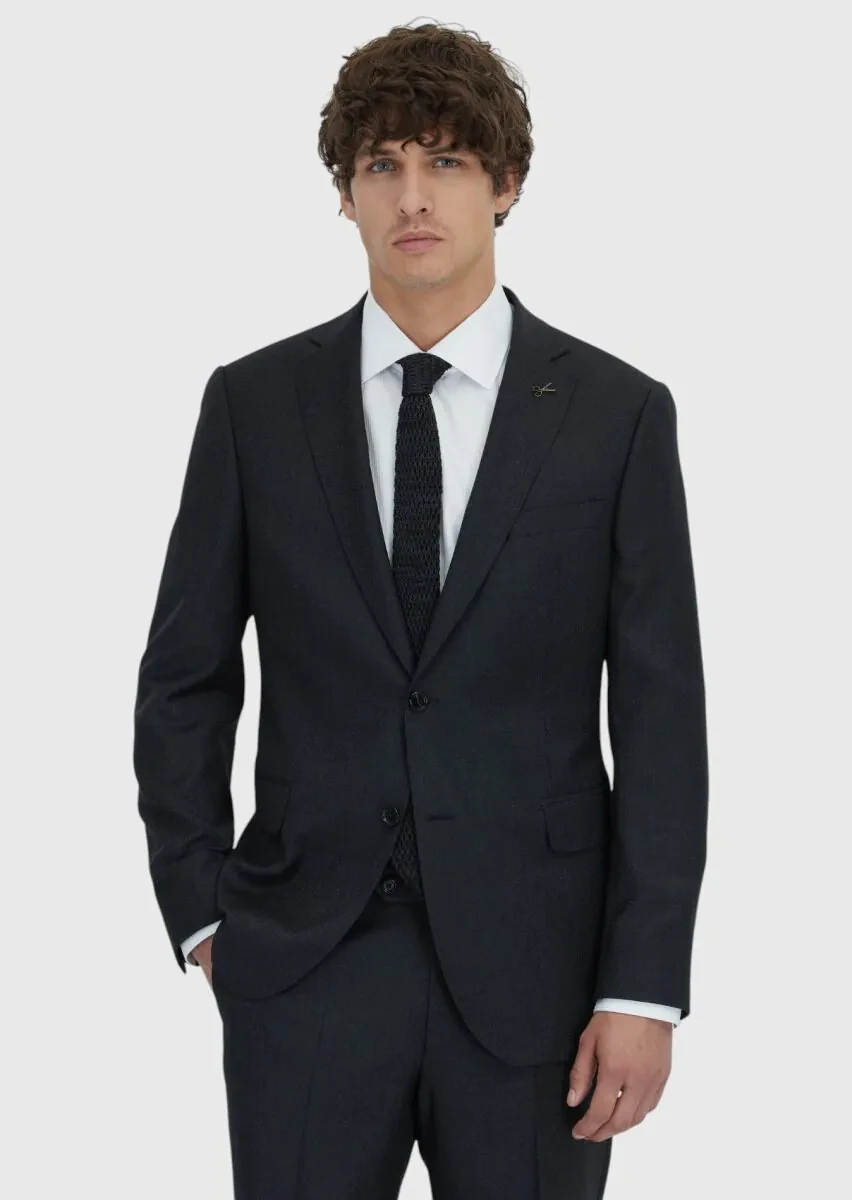 Siyah Regular Fit %100 Yün Takım Elbise - 1
