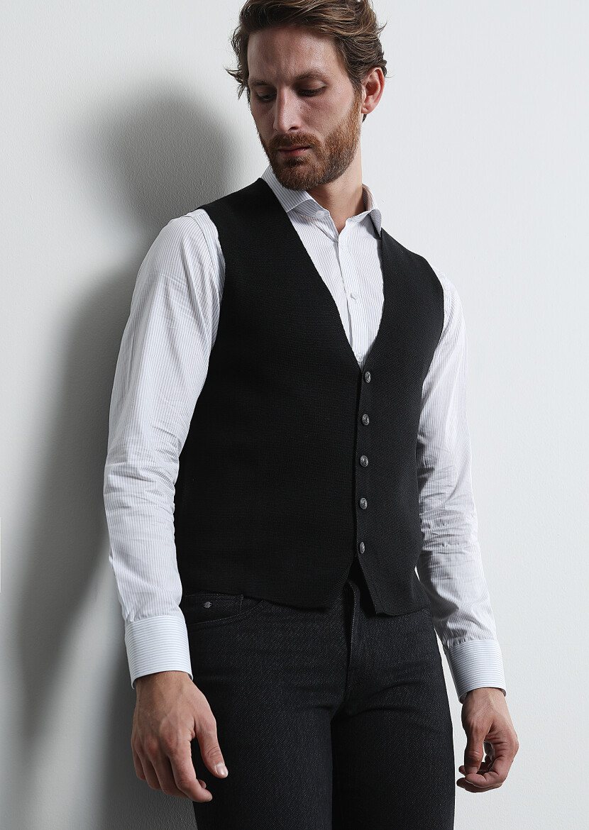 Siyah Regular Fit Casual Örme Triko Yelek - 1