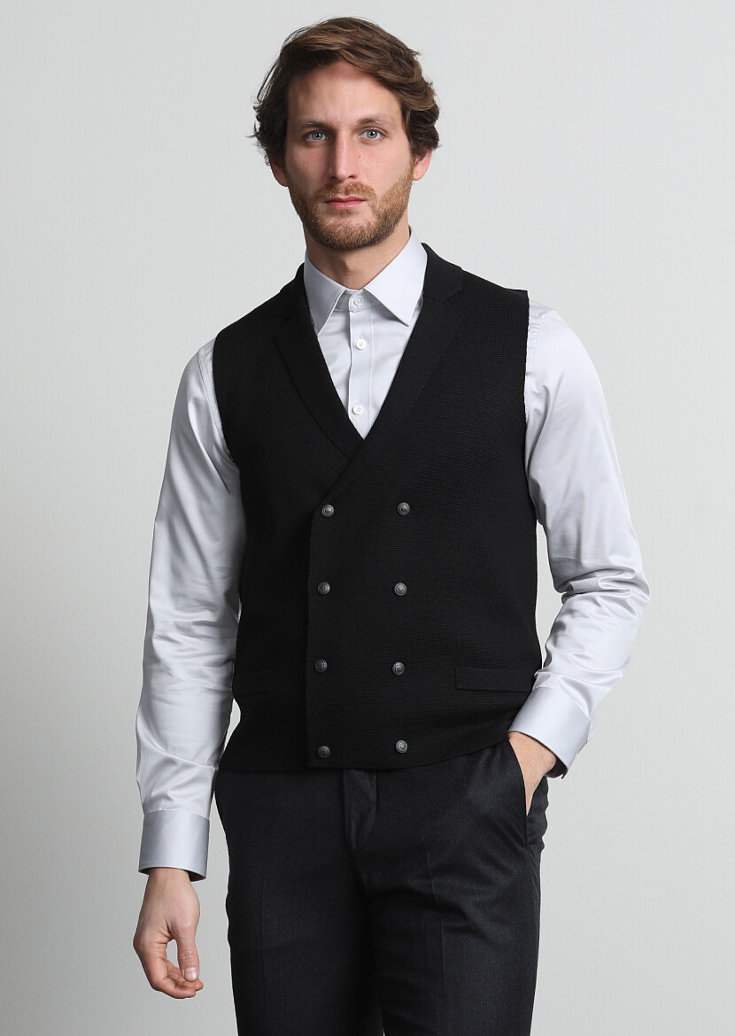 Siyah Regular Fit Casual Örme Triko Yelek 