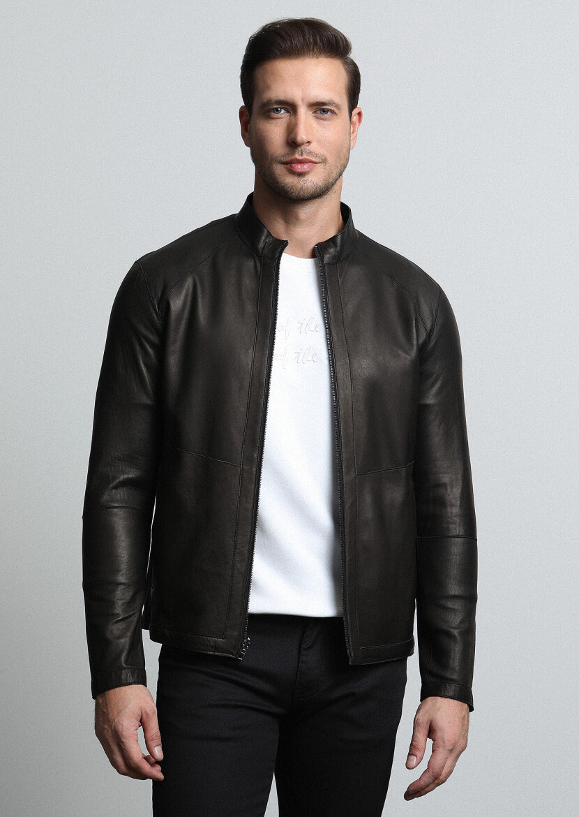 Siyah Regular Fit Dik Yaka Casual Deri Deri Mont - 4