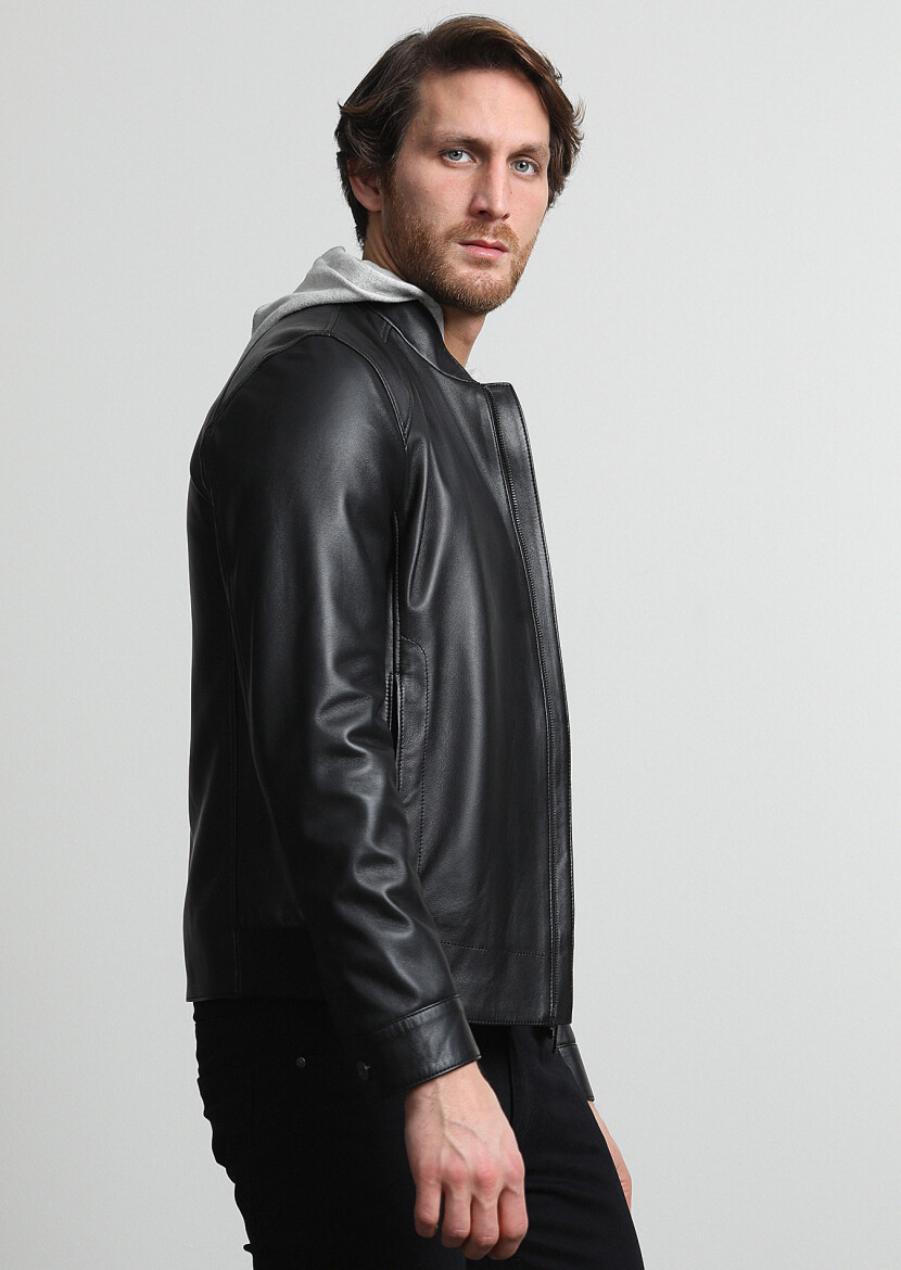 Siyah Regular Fit Dik Yaka Casual Deri Deri Mont - 2