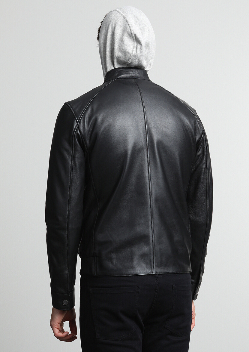 Siyah Regular Fit Dik Yaka Casual Deri Deri Mont - 3