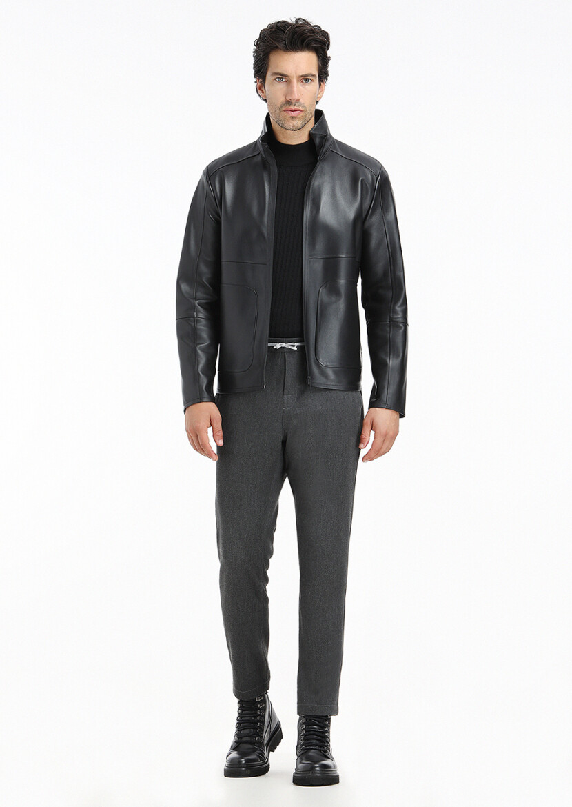 Siyah Regular Fit Dik Yaka Casual Deri Deri Mont - 1