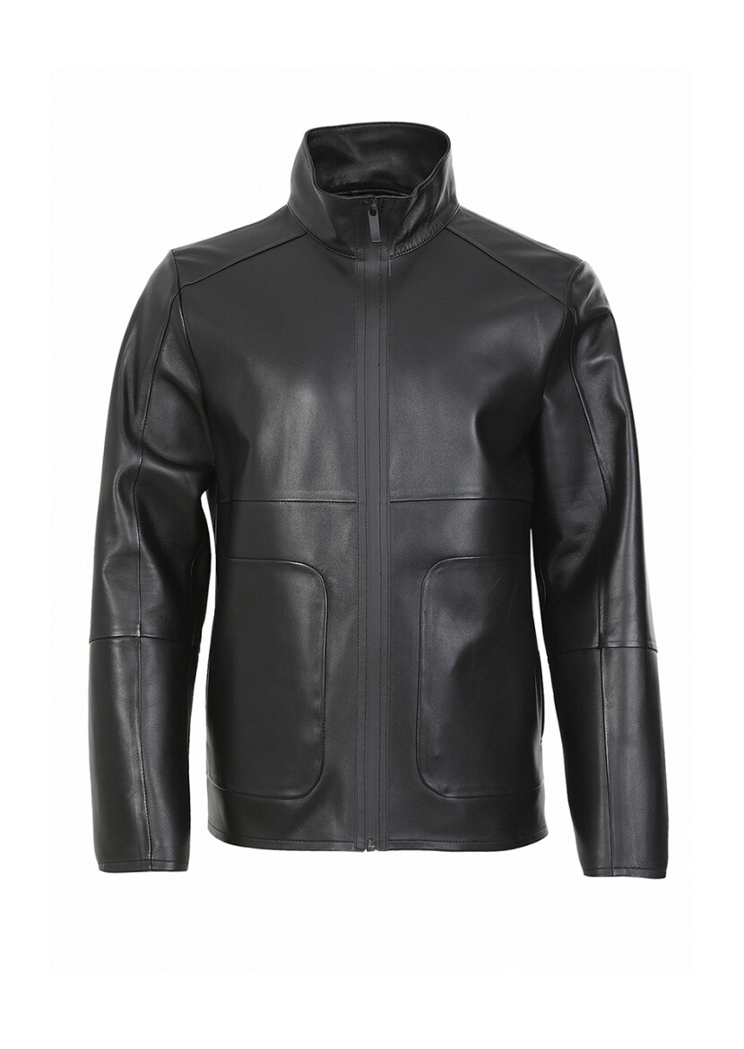 Siyah Regular Fit Dik Yaka Casual Deri Deri Mont - 8