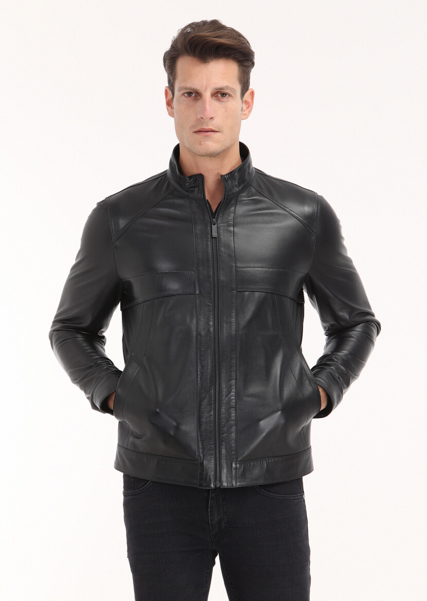 Siyah Regular Fit Dik Yaka Casual Deri Deri Mont - 2