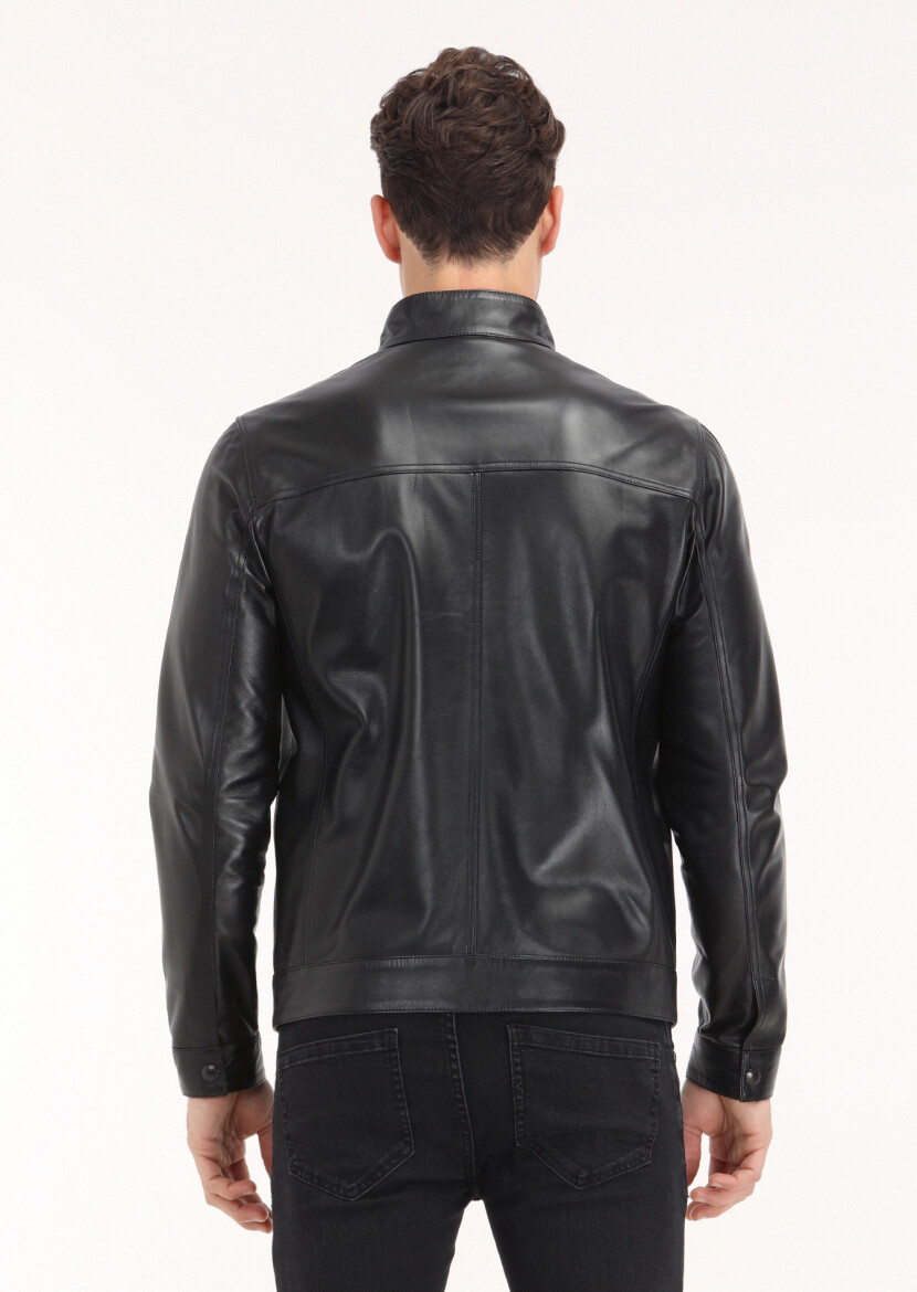 Siyah Regular Fit Dik Yaka Casual Deri Deri Mont - 5