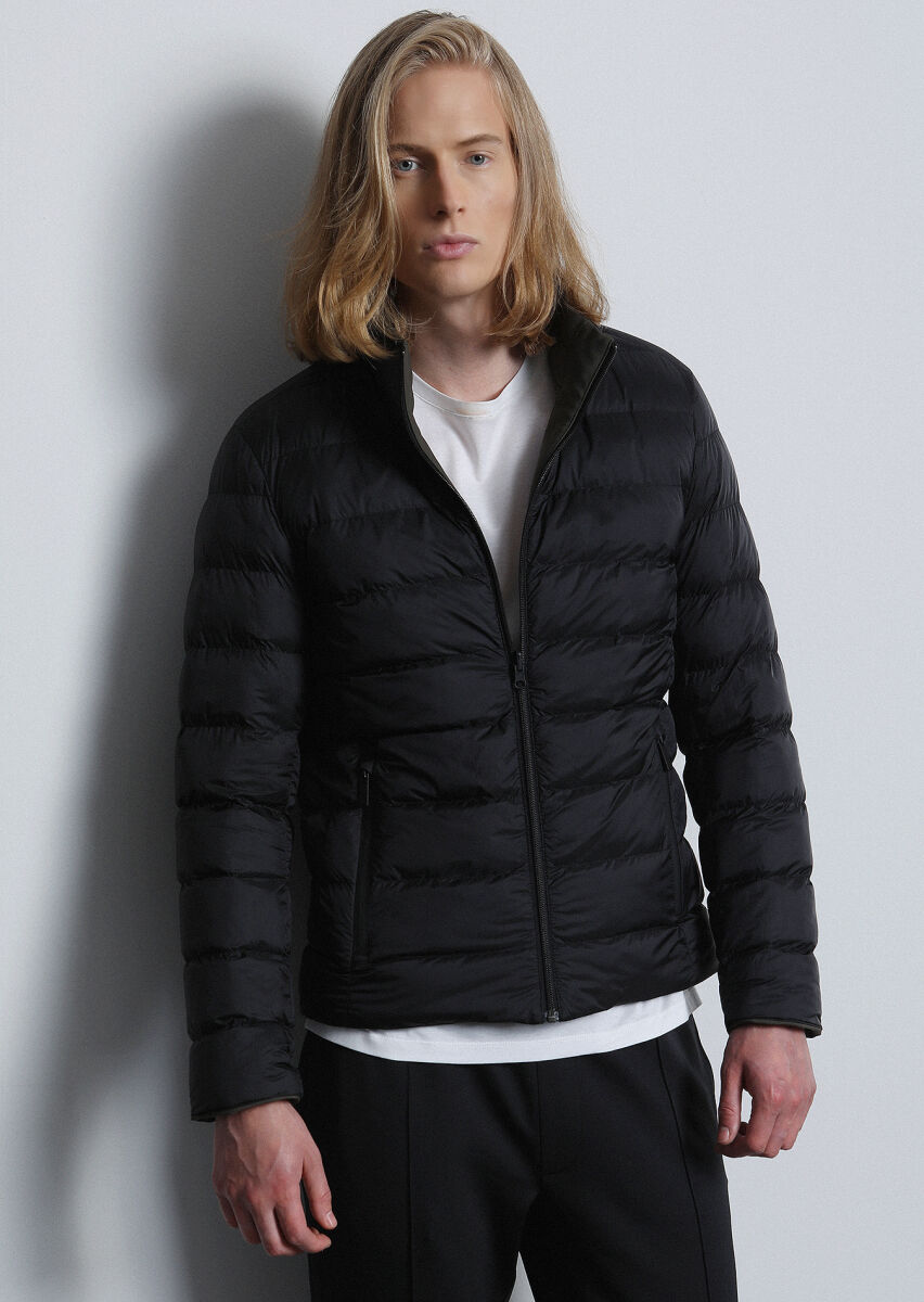 Siyah Regular Fit Dik Yaka Casual Dokuma Çift Taraflı Mont - 1