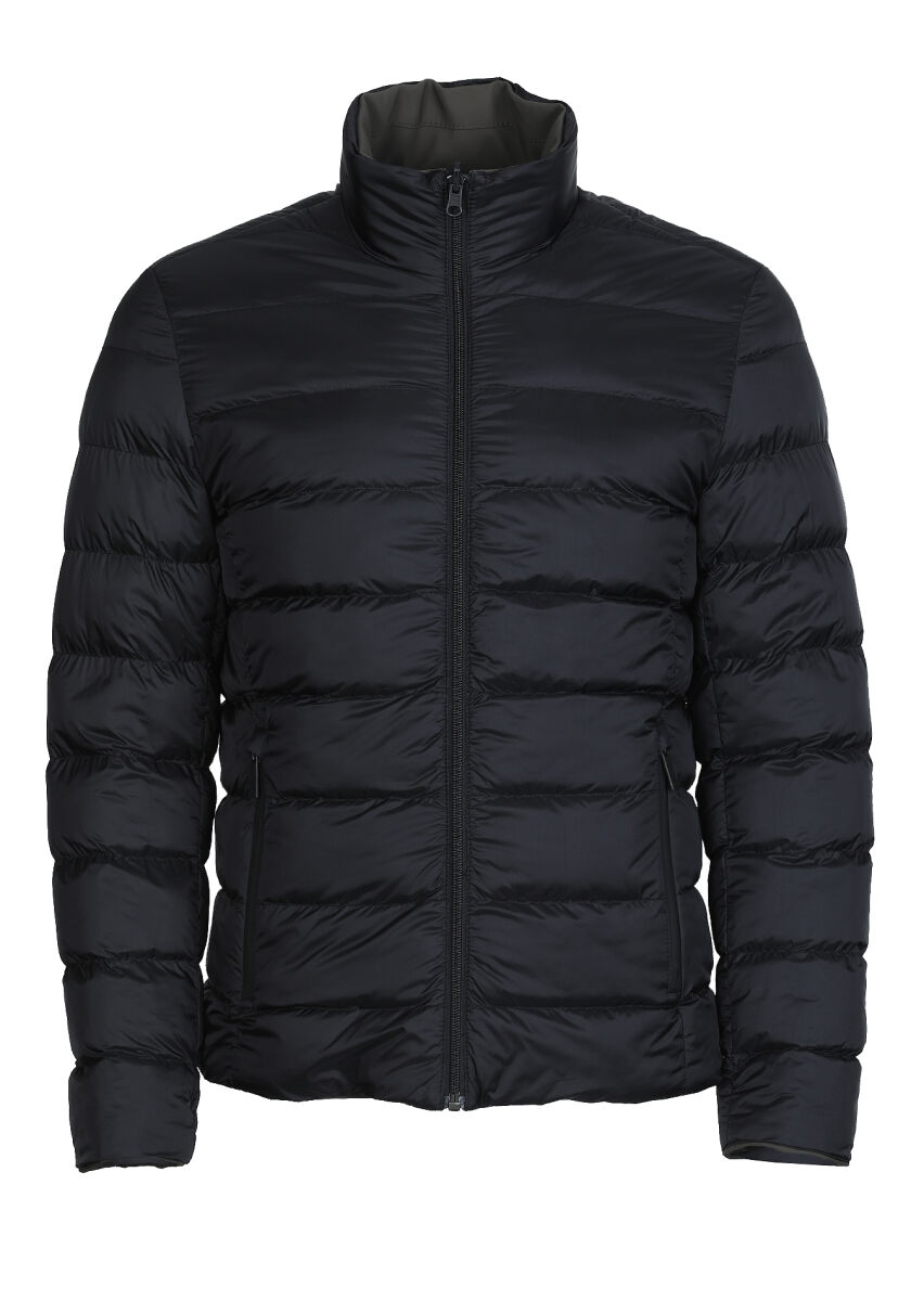 Siyah Regular Fit Dik Yaka Casual Dokuma Çift Taraflı Mont - 7