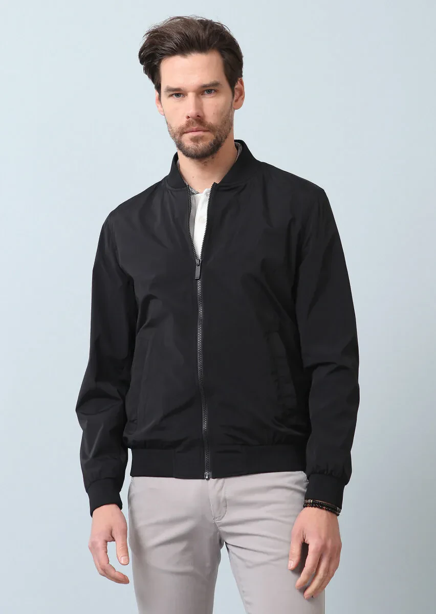 Siyah Regular Fit Dik Yaka Casual Dokuma Mont - 5