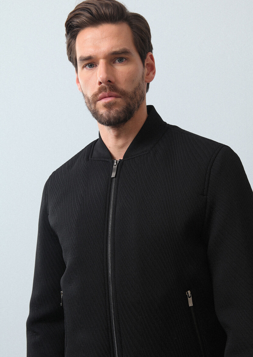 Siyah Regular Fit Dik Yaka Casual Dokuma Mont - 1