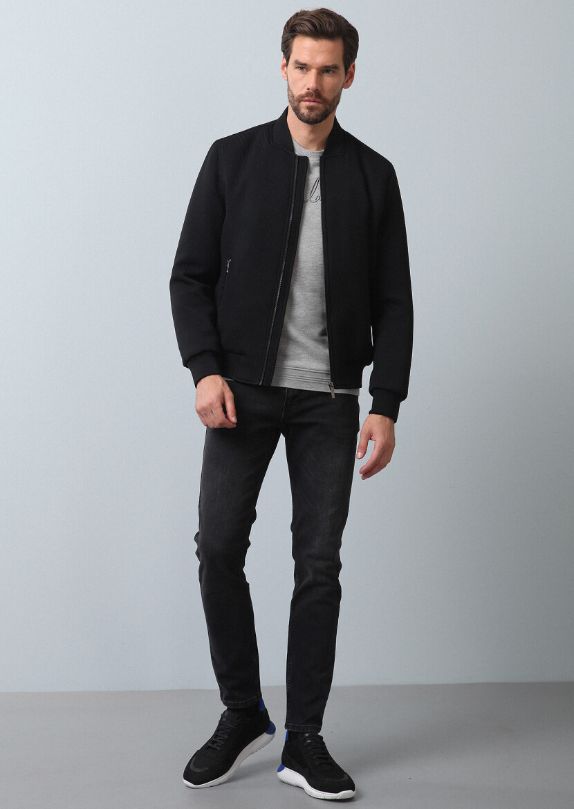 Siyah Regular Fit Dik Yaka Casual Dokuma Mont - 3