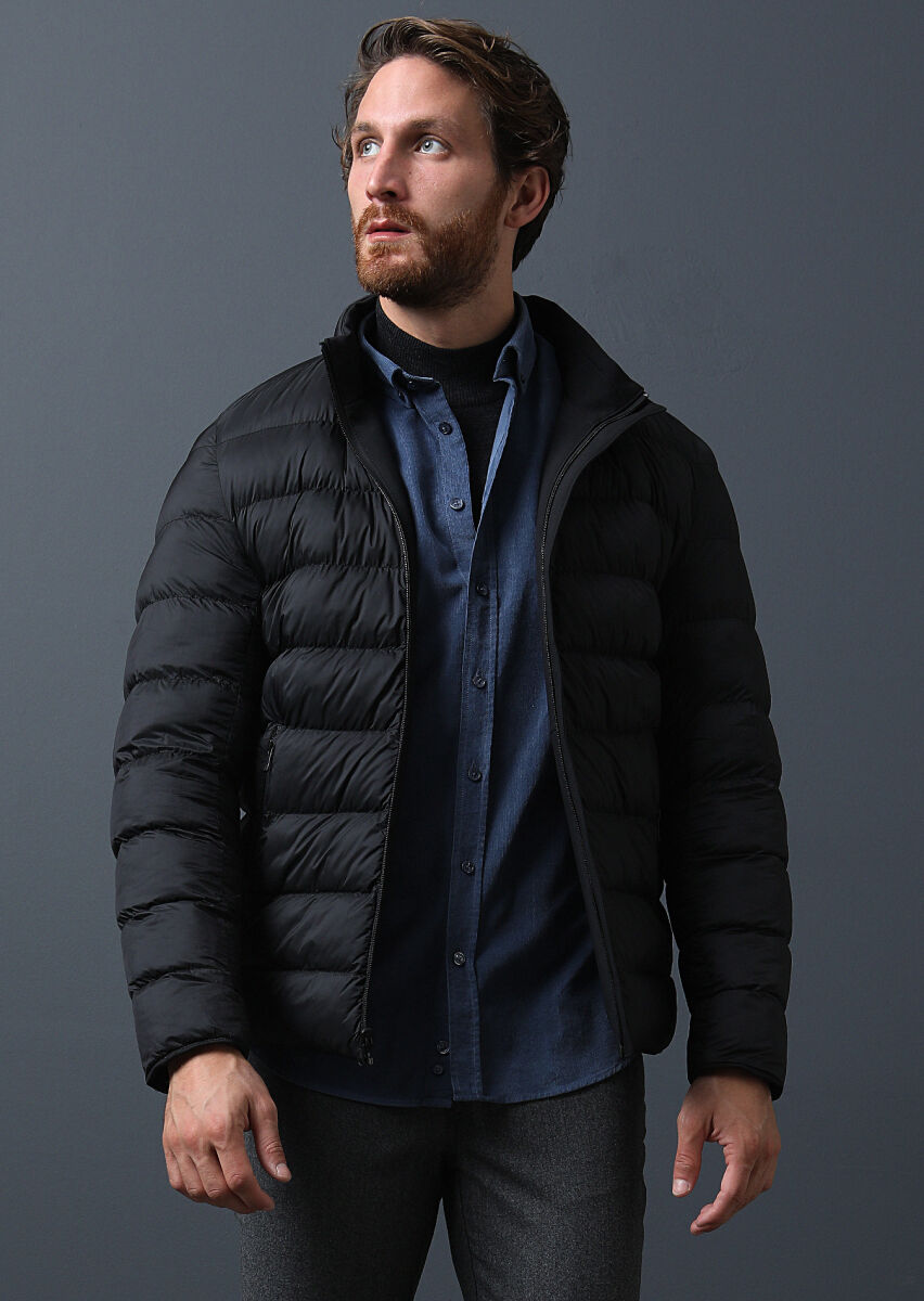 Siyah Regular Fit Dik Yaka Casual Dokuma Mont - 3
