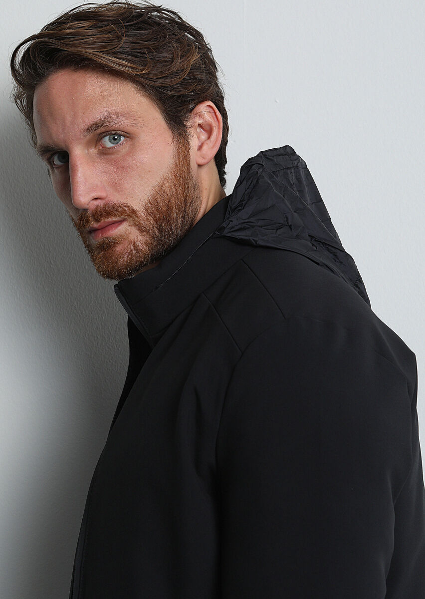 Siyah Regular Fit Dik Yaka Casual Dokuma Mont - 4