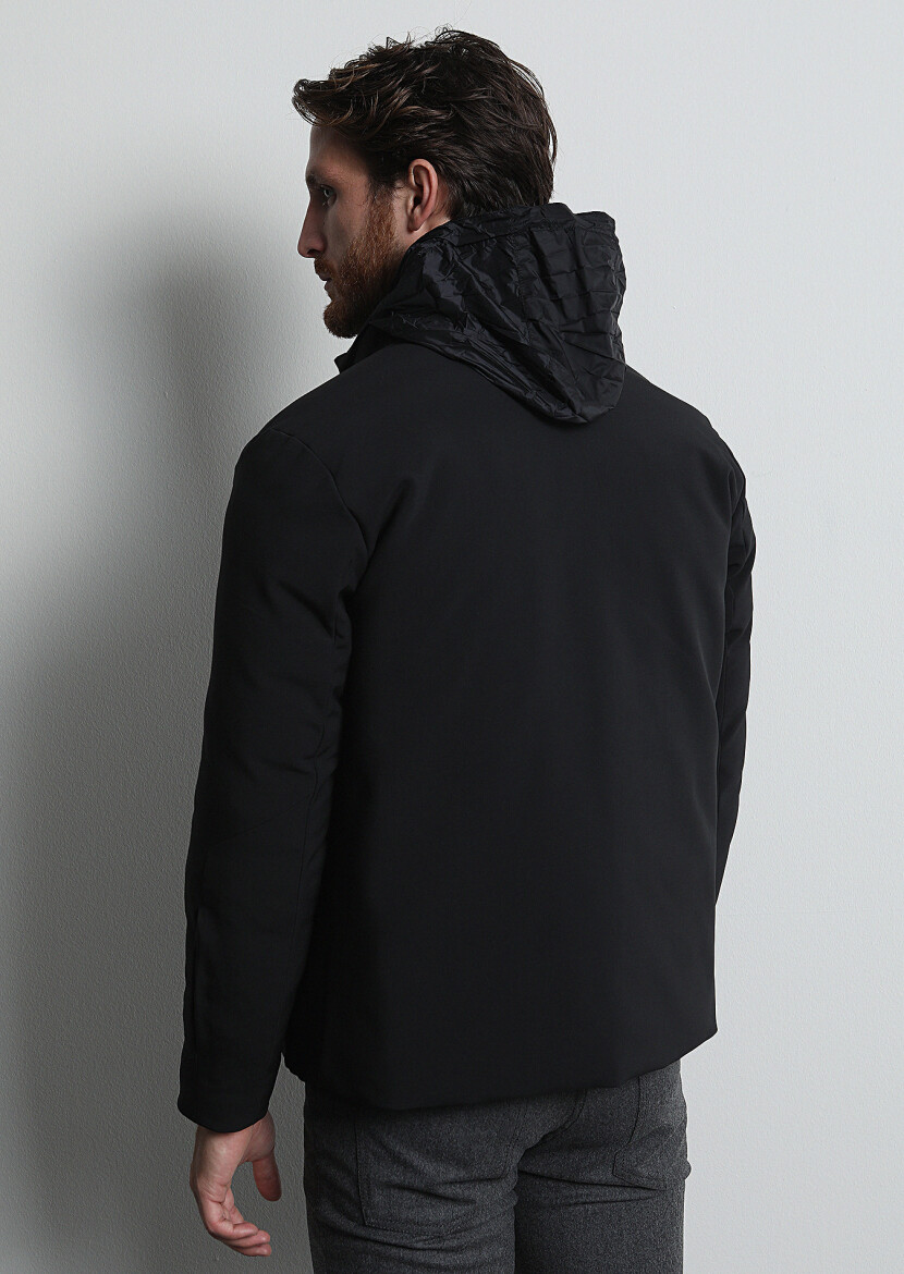 Siyah Regular Fit Dik Yaka Casual Dokuma Mont - 5