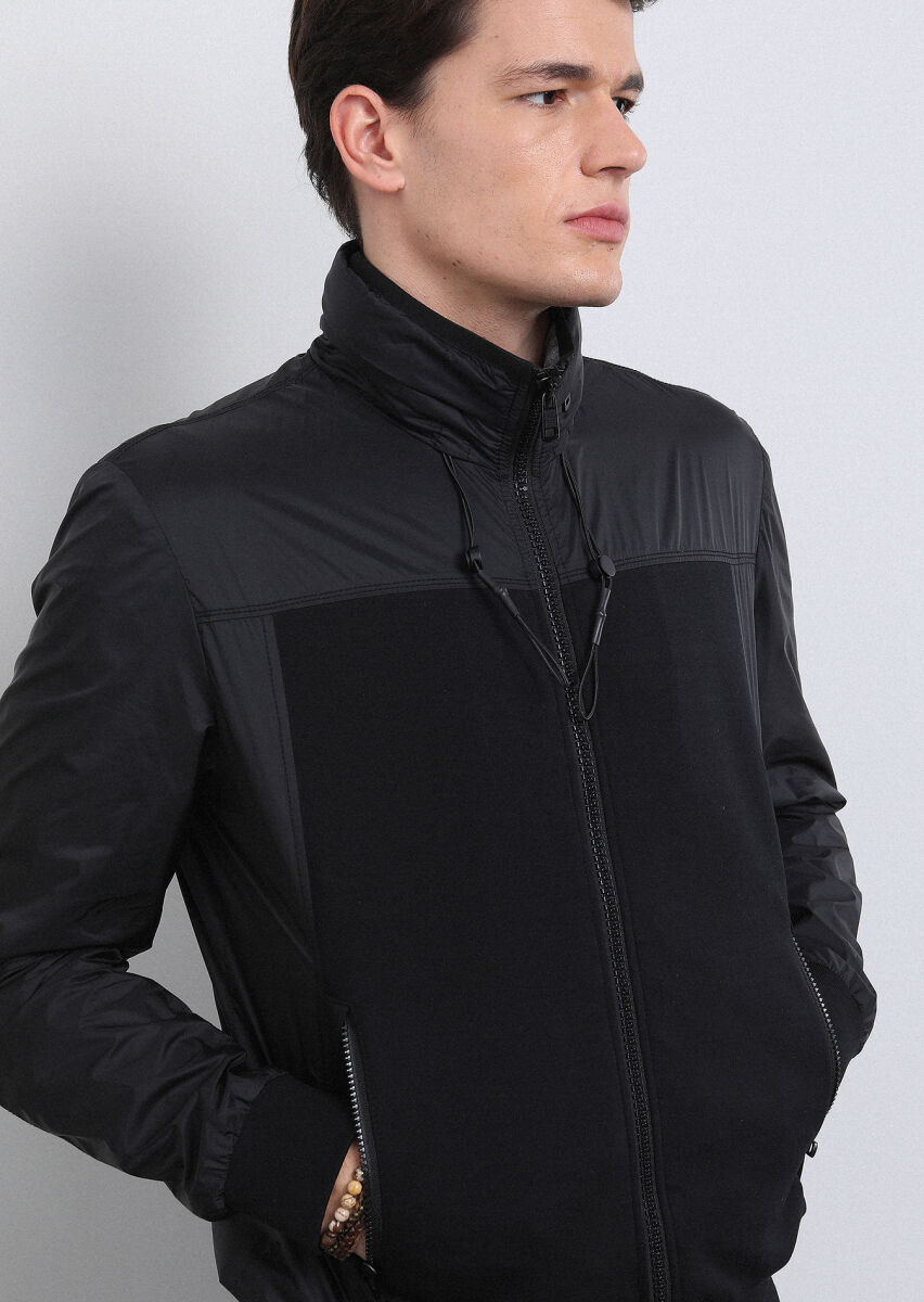 Siyah Regular Fit Dik Yaka Casual Dokuma Mont - 2